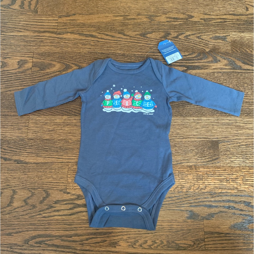 Nwt Life Is Good Peace Holiday Snowman Ls Blue Onesie | 3-6 Months